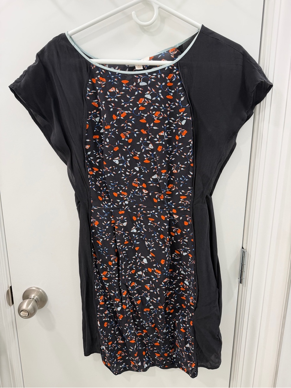 Ella Moss Navy Midi Dress with Orange and White Floral Print 100% Silk